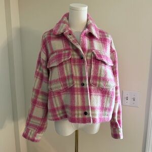 Zara | Pink & White Plaid Oversized Cropped Shacket / Flannel Jacket Button Down